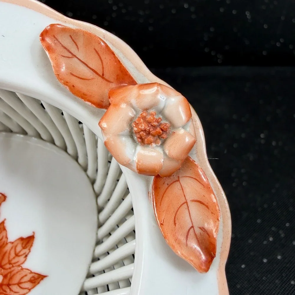 Herend Hungary Hand Painted Rust Floral Reticulated Porcelain Weave Basket Dish